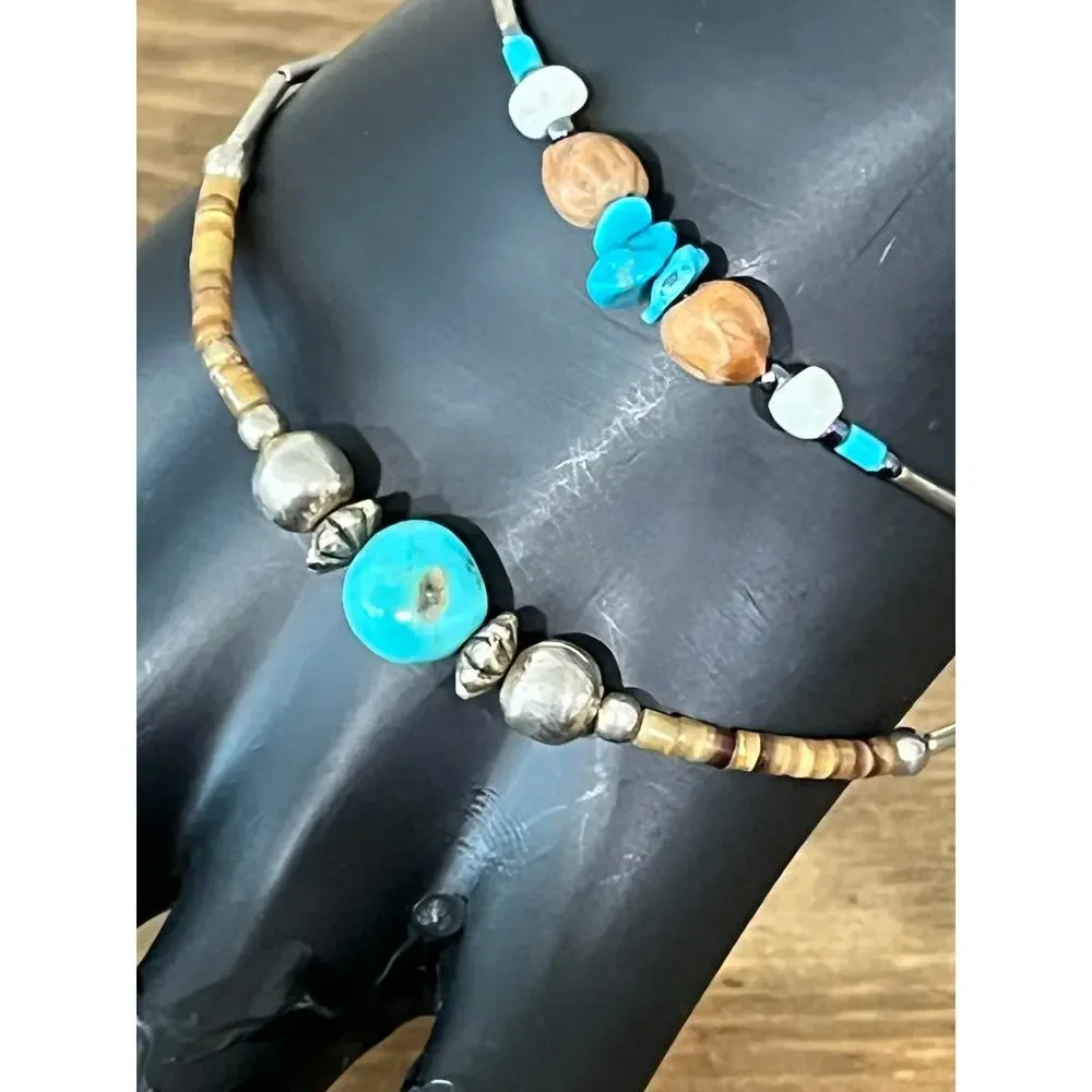 Boho‎ Beaded Bracelet Set Turquoise Color Silver Tone Southwestern 2pc